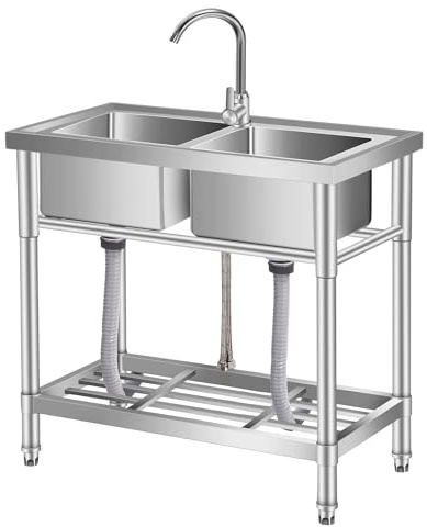 Garvee Évier utilitaire double bac inox sur pieds – Robinet eau chaude/froide – Étagère rangement – Usage professionnel cuisine, buanderie, garage, extraérieur – Argenté, 33 * 18 * 30in
