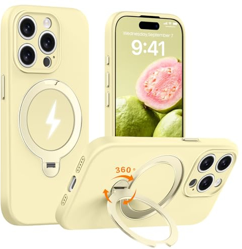 AurySharled 360° Magnet Ständer für iPhone 15 pro Hülle, Gelb | Upgraded Kameraschutz, Mil-Grade Drop Shockproof stoßfeste Weiches Anti-Scratch Mikrofaserfutter, Liquid Silicone Hülle