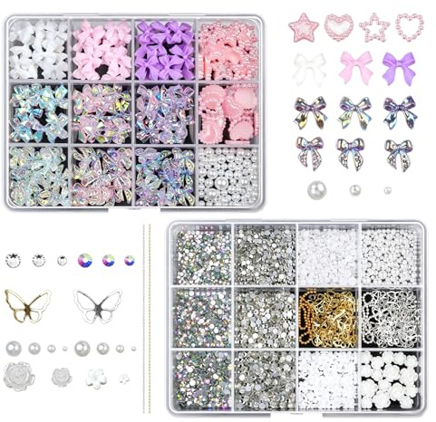 12-Slot Bow & Flower Nail Gems & Charms Bedazzling Kit (2 Boxes) - 3D Nail Art Decorations with Pearls and Crystals, Assorted Styles for DIY Nail Design and Multi-Use Crafts