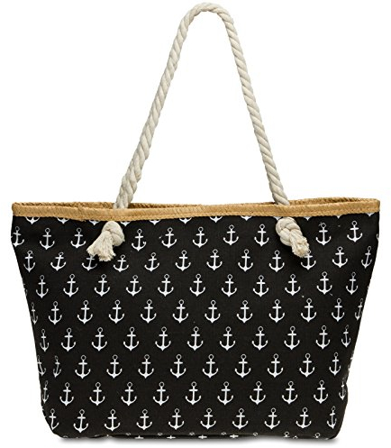Caspar TS1022 große Canvas Damen Strandtasche Shopper mit Anker Print, Farbe:schwarz, Größe:One Size
