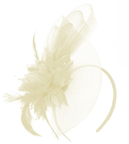 Fascinator / Haarreif, Blume, Hochzeit, Ascot Races, Netz, Federn, cremefarben / elfenbeinfarben