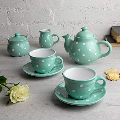 City to Cottage® Teal Blue and White Polka Dot Handmade Ceramic Teapot, Milk Jug, Sugar Bowl with 2 Cups and Saucers Tea Set
