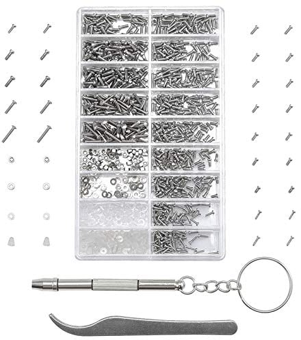 Jalan 1000pcs Eyeglass Screws, 7-in-1 Glass Screws Repair Kit with Screwdriver, Tweezer, Nuts, Caps, Washers for Glasses, Sunglasses, Watch Back
