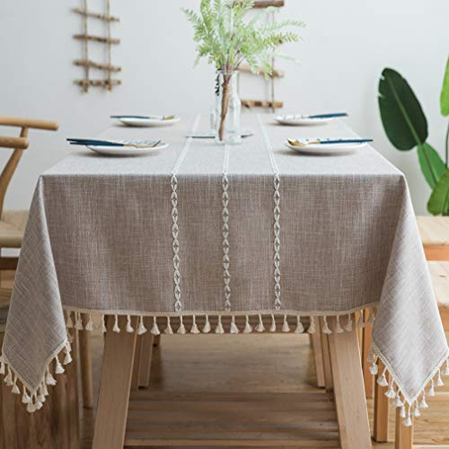 Pahajim Tischdecke Quaste Baumwolle Leinen Elegante Tischdecke waschbare Küchentischabdeckung für Speisetisch (Mode Braun, Rechteckig/Oval, 140 x 180 cm, 4-6 sitzes)