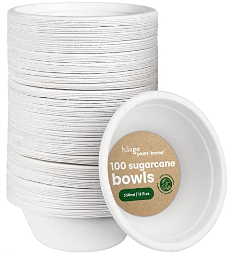 HAAGO 100 Zuckerrohr Einweg Suppenschalen, Heim Kompostierbar, Einwegschalen - Pappschalen Einweg, Suppenschüssel Einweg für Partys & Versammlungen im Freien - 350 ml Einweg Schalen