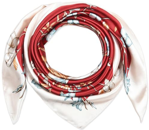 corciova 35 Women Silk Feeling 90 cm Square Hair Neck Sleeping Scarf Alizarin Crimson Misty Rose Butterfly Flowers