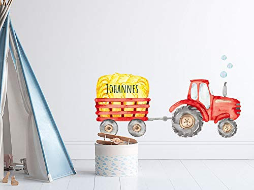 GRAZDesign Traktor Wandtattoo Kinderzimmer Junge Trecker rot mit Anhänger und Namen, Babyzimmer personalisiert, Wandaufkleber Bauernhof 100x57cm