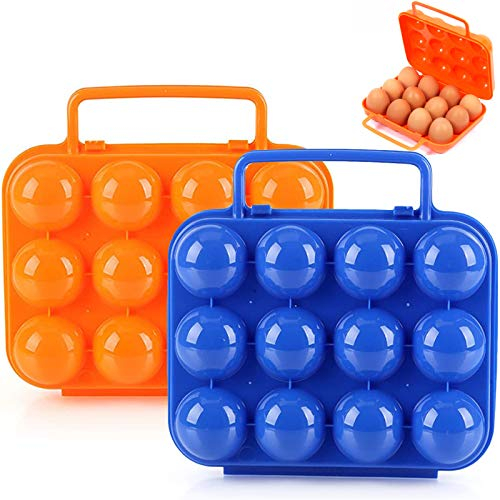 Sprießen 2 Stück Ei Container aus Kunststoff Eierbehälter mit Griff Tragbare Ei Halter mit 24 Gitter Tablett Kunststoff für Eier Aufbewahrungsbox für Outdoor-Aktivitäten, Orange und Blau