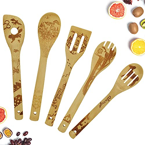 GIRAFEDA Juego de utensilios de cuchara de madera de 5 piezas Juego de utensilios de cocina de bambú quemado Castillo mágico Juego de utensilios de bambú orgánico antiadherente Espátula de madera