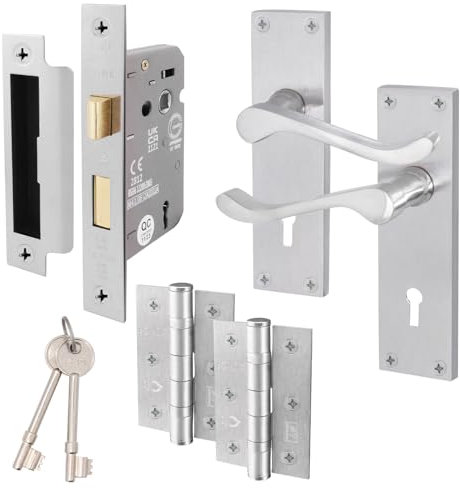 EAI Satin Victorian Scroll Door Handle Key Lock Set | 1 Pair of Satin Chrome Internal Lever Lock Handles on Backplate with Hinges (76mm), Sash Lock (64mm) & Keys