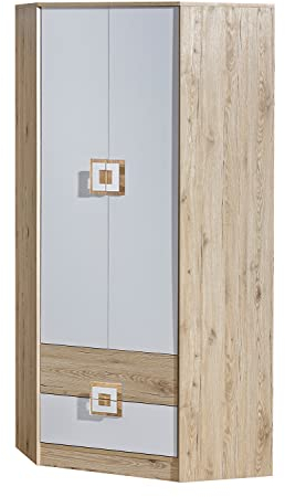 Marmex Nico N2 Eckkleiderschrank - Hochwertige Möbelbeschläge - Kleiner Kleiderschrank - Kleiderschrank für Jugend, Kinderzimmer - Eiche Hell + Weiß + Eiche hell - 87x190x87cm