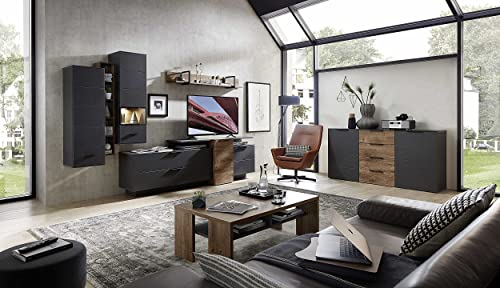 Wohnwand MEDIANA 1 in Graphit/Haveleiche Cognac Nb. Anbauwand Wohnzimmerschrank TV-Lowboard Fernsehschrank inkl. LED-Beleuchtung in verschiedenen Varianten (Wohnwand + Sideboard)