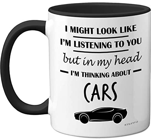 Stuff4 Gifts for Car Enthusiasts - in My Head I'm Thinking About Cars - Funny Classic Mug, Gifts for Lovers, Petrol Head 11oz Ceramic Dishwasher Safe Premium Black Handle Mugs