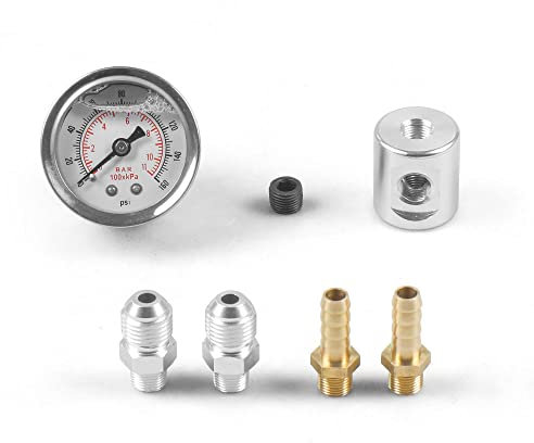 Universal 1/8 NPT Fuel Pressure Gauge Liquid Filled Polished Case 0-160 Psi And Adaptor Kit for Fuel Injection Systems (Meter + Tee Adapter)