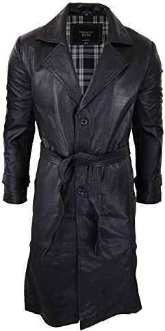 TruClothing.com Herren Schwarz Mac Lang Echtleder Klassisch Gürtel Punk Jacke Mantel Vintage 80s