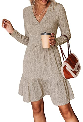CUPSHE Damen Strickkleid Pulloverkleid V Ausschnitt Lange Ärmel Volants Herbst Pulli Minikleider Elegant Knit Sweater Dress Sand S