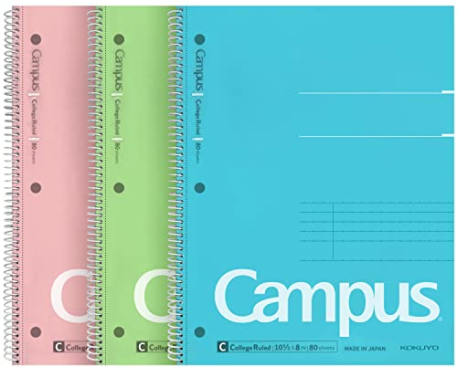 KOKUYO Campus Spiralnotizbuch, 26,7 x 20,3 cm, College-liniert, 80 Blatt (160 Seiten), blutbeständig, Packung mit 3 Farben: Rosa, Himmelblau, Grün, hergestellt in Japan (WSG-SU-400G1×3)