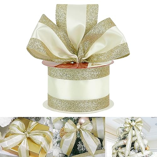 HUIHUANG Cinta de satén con alambre dorado con bordes de rayas de purpurina de 2.5 pulgadas, cinta de Navidad dorada y blanca para árbol, fabricación de lazos, suministros de corona, guirnalda de
