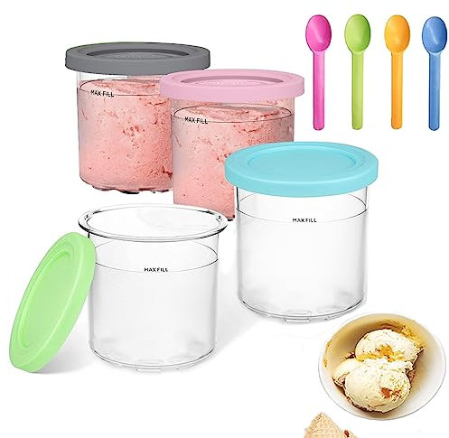 4 Pack Pint Container with Silicone Lid Replacement for Ninja Pints and Lids, Cups Compatible with NC300s & NC299AMZ Series Ice Cream Maker, Airtight and Dishwasher Safe (16oz)