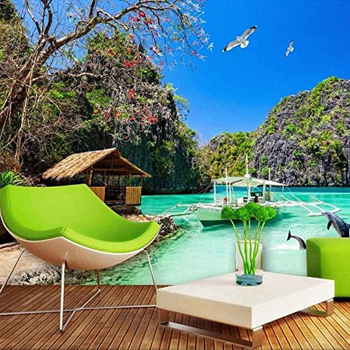 Wandbilder Fototapete 3D Wanddekoration Anpassen, Hawaii Strohgedecktes Ferienhaus Mit Meerblick Fresko, Hd-Druck, Kunstposter, Bild, Foto, Wasserdicht, Zum Abziehen Und 250 (Breite) x 175 (Höhe) cm