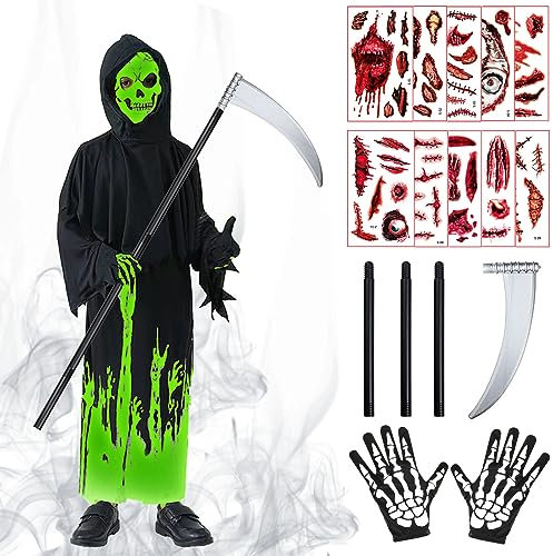 LGZIN Sensenmann Kostüm Kinder, Halloween Sensenmann Cosplay Set, Schwarzer Reaper Umhang mit Maske, Handschuhe, Sense, Halloween Tattoo, Kinderkostüm Sensenmann für Halloween Karneval Cosplay