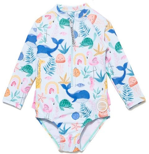 BONVERANO Traje baño bebé protección Solar UPF 50+ Cierre Cremallera con Volantes (Diseño Animal, 18-24 Meses)
