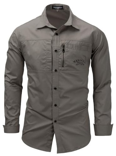 Kariert Shirt Herren Frühling Casual Shirt Slim Fit Revers Kampfsport Shirt Herren Mit Tasche Langarm Shirt Täglich Pendeln Outdoor Shirt Herren E-Grey XL