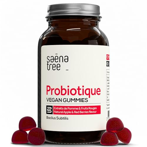 Probiotique Flore Intestinale - 60 Gummies Vegan (20-30 jours de traitement) sans sucres ajoutés - 3,000 Millions UFC de Bacillus Subtilis - Digestion, Constipation, Ballonement - SAENATREE®