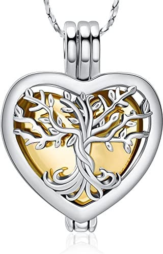 Tree of Life Urn Necklaces for Ashes Heart Shape Cremation Jewelry Memorial Keepsake Jewelry Gifts for Women Men Memorial Lockets Ashes Holder for Pet (Silver-gold)