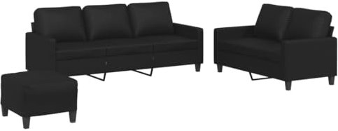 vidaXL Sofagarnitur 3-TLG., Sessel Couch mit Kissen Fußhocker, Sofa Wohnzimmersofa mit Armlehnen, Couchgarnitur Designsofa Sitzmöbel Polstermöbel, Schwarz Kunstleder