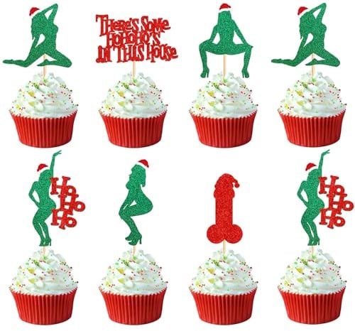 Blumomon 24 Pack Glitter Bachelorette Cupcake Toppers Picks Bridal Shower Bachelor Birthday Party Cake Decorations Supplies Women's Christmas Party Decorations, Christmas Cupcake Toppers