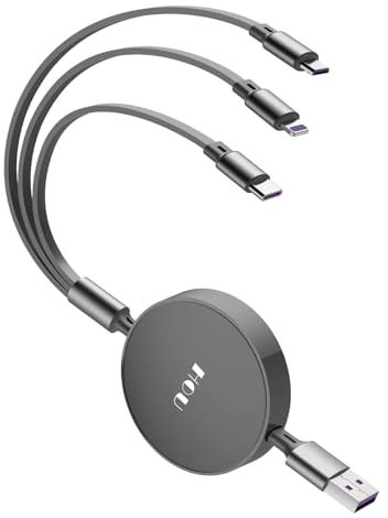 HOU 3 in 1 USB C Fast Charger Cable, Retractable Multi-Connector Charging Cable for iOS/Android Phones and Tablets, with iP Type C Micro USB Connectors, Black