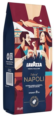 Lavazza, Tales of Napoli, Coffee Beans, Ideal for Espresso Coffee Machines, with Aromatic Notes of Cocoa and Caramel, Arabica and Robusta, Intensity 9/10, Dark Roasting, 250 g