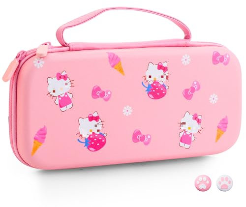HYPERCASE Pink Travel Carrying Case for Nintendo Switch or OLED, Cute Portable Switch Carry Bag of Hello Kitty with 10 Card Slots & 2 Thump Caps, for NS/OLED Console, Joycon Grip, Accessories Storage