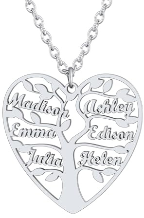 Custom4U Arbre de Vie Coeur Femme Personnalisé Prénom 1-8 Prénoms Collier Acier Inoxydable, Pendentif Arbre de Vie Gravé,Collier Arbre Généalogique à Graver avec Chaîne Réglable
