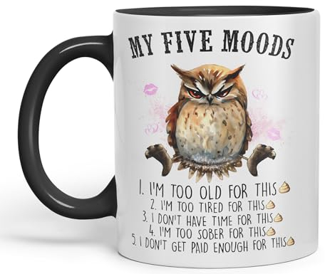 Vixar My Five Moods owl Sarcastic Joke Ceramic Coloured Mug Cup for Tea Coffee Hot Brew 330ml 11Oz (Black)
