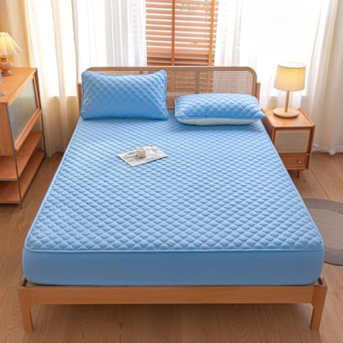 HAIBA Gesteppte tagesdecke spannbettlaken 150x200cm Boxspringbett Weiche & Atmungsaktive Spannbetttücher mit Gummizug Spannbettlaken Hohe Matratze Bed Sheets Blau