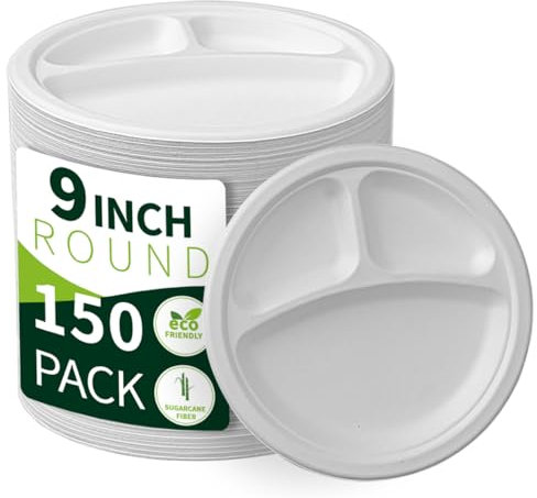 150 Pieces 100% Compostable 9 Paper Plates, 3 Compartments Heavy Duty Disposable Plates, Eco Friendly Combo Plates, Biodegradable Dividers made of Sugarcane Fiber (9)