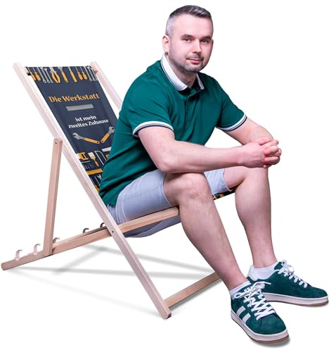 DreamRoots Vatertagsgeschenk Liegestuhl Holz klappbar, mit Spruch | Vatertagsgeschenk, Klappliegestuhl Holz Buchenholz, bis 130 kg, verstellbar, waschbarer Bezug, für Garten & Terrasse