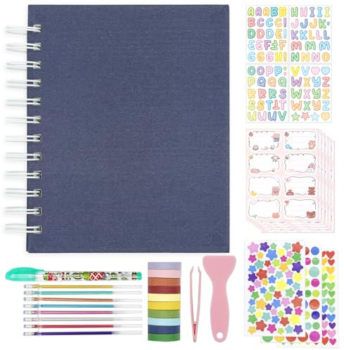 Kinder Scrapbook Selbstklebendes Fotoalbum 25 Seiten Hardcover DIY Fotoalbum für Sofortbildkamera Druckpapier mit DIY Zubehör (Dunkelblau)