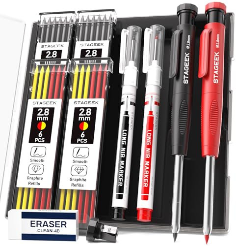 STAGEEK Tischler Bleistifte Set,Bleistift Baustelle,Tieflochmarker,2 Zimmermannsbleistifte mit 2Markierstift [inkl.24Minen],anreißwerkzeug,mechanische Tischlerbleistifte,Holzbearbeitungs,Lochmarkierer