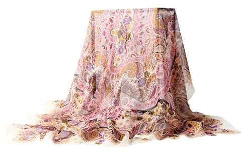 Prettystern 110cm Sommer Seidentuch Damen Somme-Stola leicht Chiffon Seide mit Paisley Druck Beige Lavendel bunt