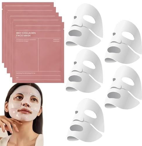 Pipihome 5 Pezzi Bio Mask Collagen, Maschera Viso Coreana Overnight, Real Deep Maschera Bio Collagene Viso, Maschera Idratante, Mirato Alla Pelle Secca, Opaca e Non Compatta