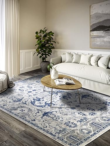 Villeroy & Boch Kurzflor Teppich Emmanuel - Klassischer Wohnzimmerteppich - Traditioneller Teppich für Wohnzimmer, Schlafzimmer, Esszimmer, Flur, Küche – Creme Blau, 200x280cm
