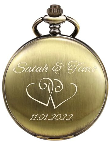 TREEWETO Taschenuhr mit Gravur zur Hochzeit, Motiv Herzen, Personalisiert mit Namen und Datum, Hochzeitsgeschenke für Brautpaar, Geschenkidee Jahrestag, Bronze