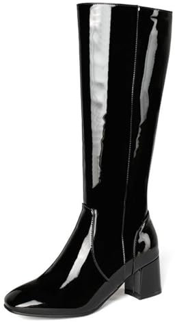 ANUFER Donna Vernice Ginocchio Alto Gogo Stivali Tacco Grosso Cerniera Laterale Stivali da Discoteca Nero SD5A40730 EU37.5