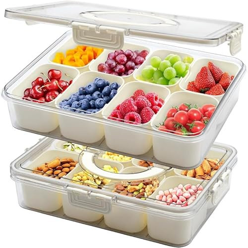 BSDLZCH Portable Snack Box Container with Lid and Handle,Divided Serving Tray with 8 Compartments food storage containers for Candy, Fruit,nuts,Vegetable,Dessert Fit Home, Travel & Party- 2 Pack