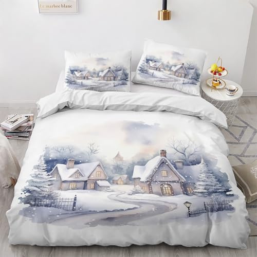 Generisch Wintermotiv Bettwäsche 155x220 Sommer - Schneelandschaft Bettbezug 155x220 3teilig mit 2 Kissenbezug 80x80, Weiche Mikrofaser Sommerbettwäsche mit Reißverschluss für Schlafzimmer Deko V&244