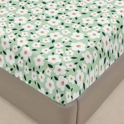 Surwin Spannbettlaken 160x200cm Grüne Blumen Spannbetttücher, Elastisch Bettlaken Weiche Spannbetttuch Mikrofaser Spannleintuch, 30cm Steghöhe