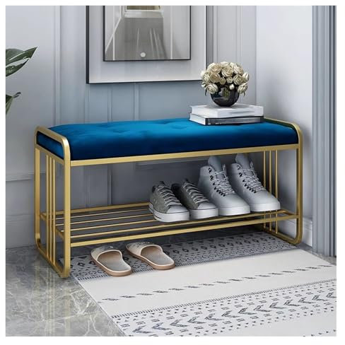 Schuhbank aus Metall mit Flanell gepolstertem Sitz, stabiler Schuhschrank, Organizer für Eingangsbereich, Wohnzimmer, Veranda, blaues Schuhregal für Flur, Eingang (100 x 35 x 40 cm)